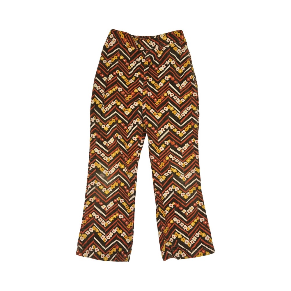VTG 70s Kids Corduroy Pants Chevron Floral Fleece Lined Brown Orange Retro 2T